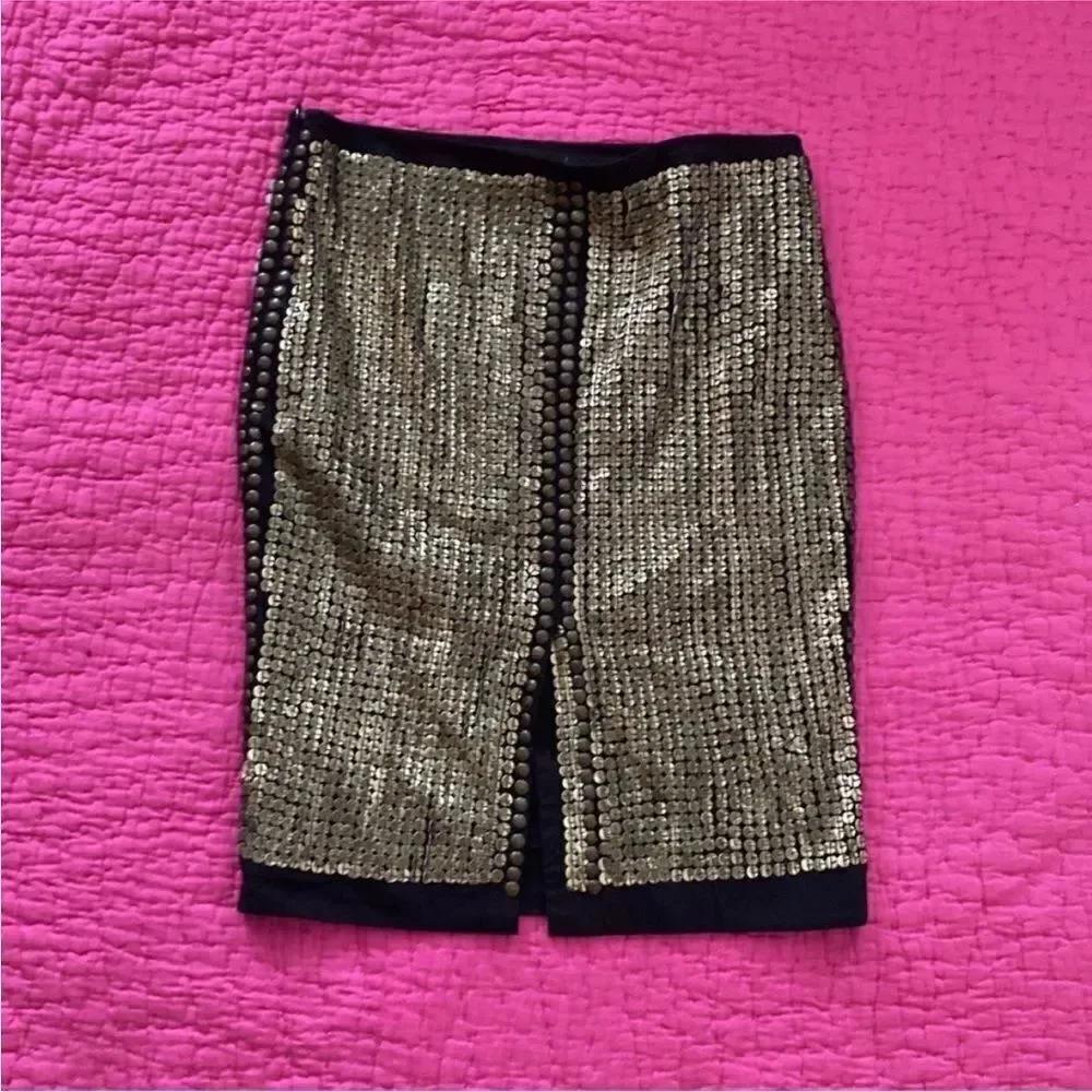 Cecilia de Bucourt Elegant Gold leather sequins/studded detail pencil skirt, S
